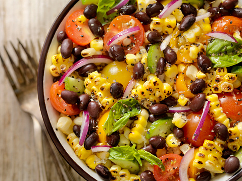 Black Bean Salad with Grilled Corn, Tomatoes, Red Onions,