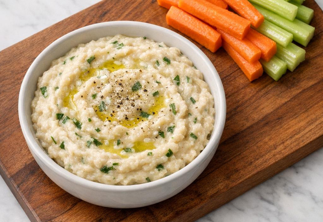 cannellini white bean dip on a cutting board with carrots and celery