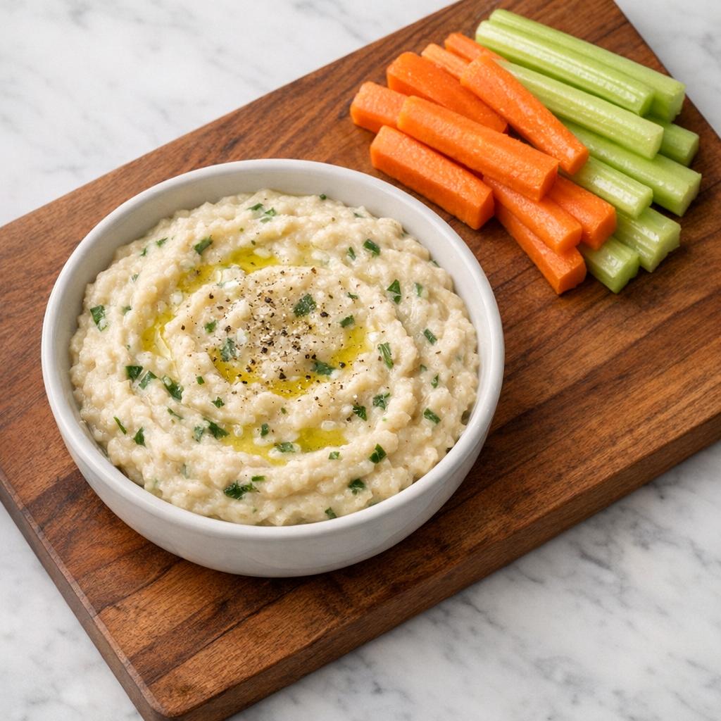 cannellini white bean dip on a cutting board with carrots and celery