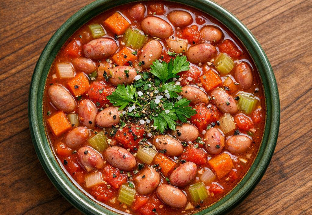 cranberry bean and tomato stew in a green bowl on a wood table