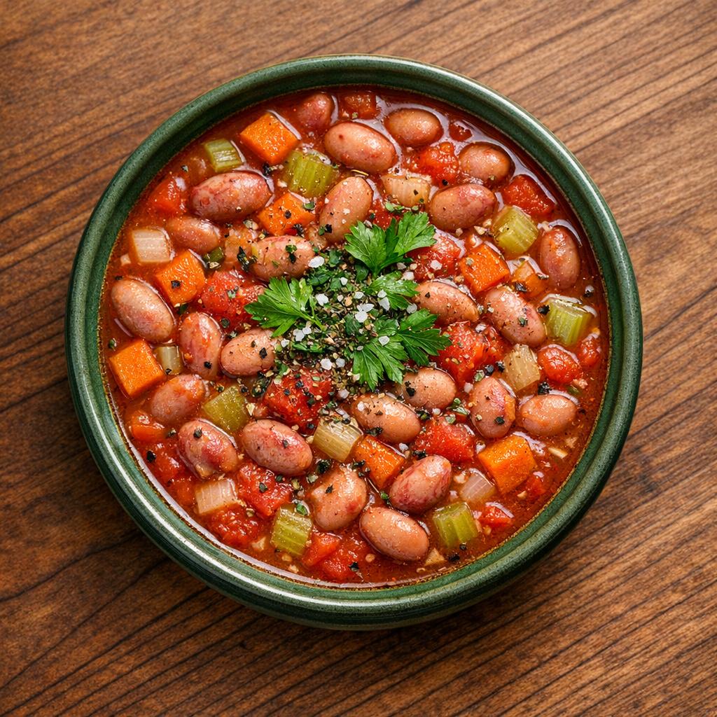 cranberry beans and tomato stew in green bowl on wood table