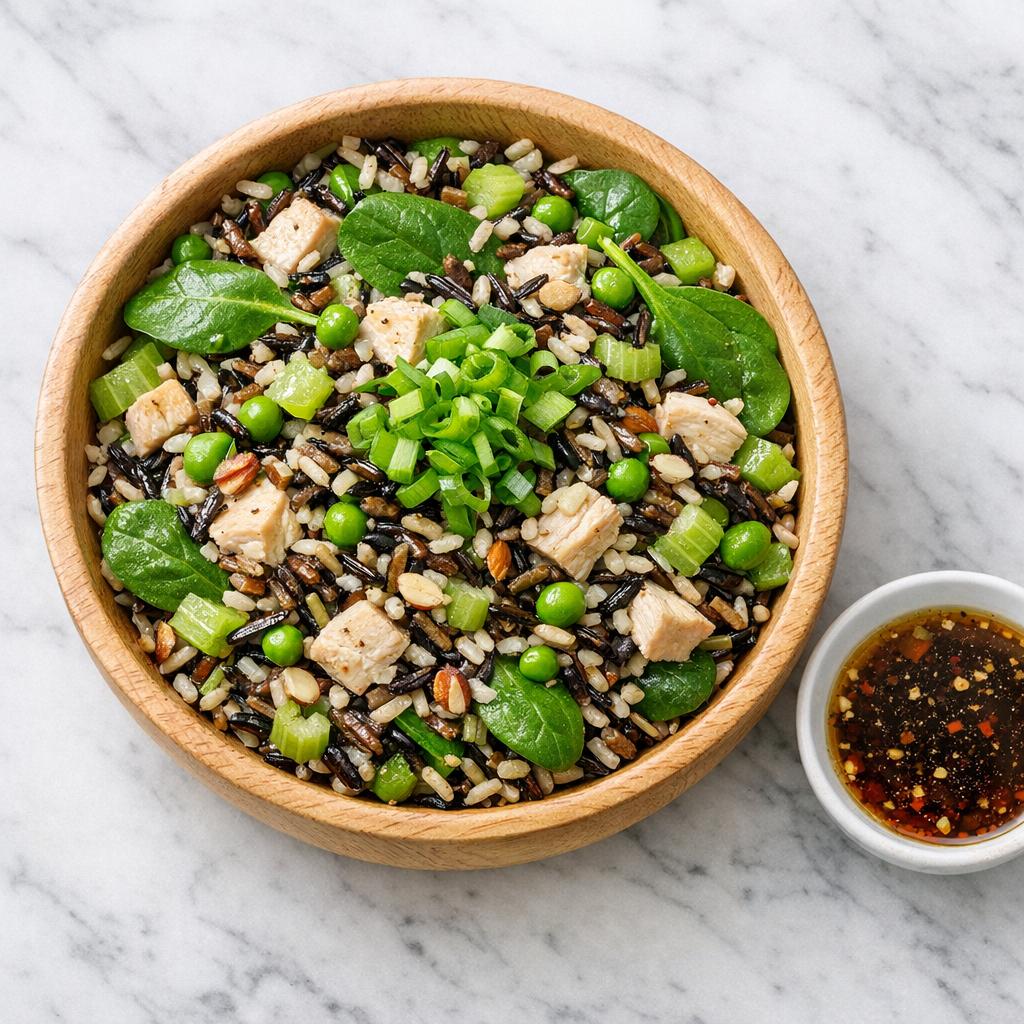 wild rice salad in a wood bowl with dressing